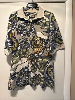 Tommy Bahama Beige Polo with Navy and Olive Floral Print